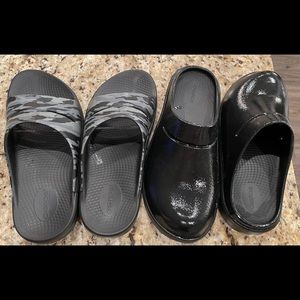 Oofos. Set of 2- 1 Black Clog 1 Slide -  Like New— womens Sz. 8.5 Orig.$85 each